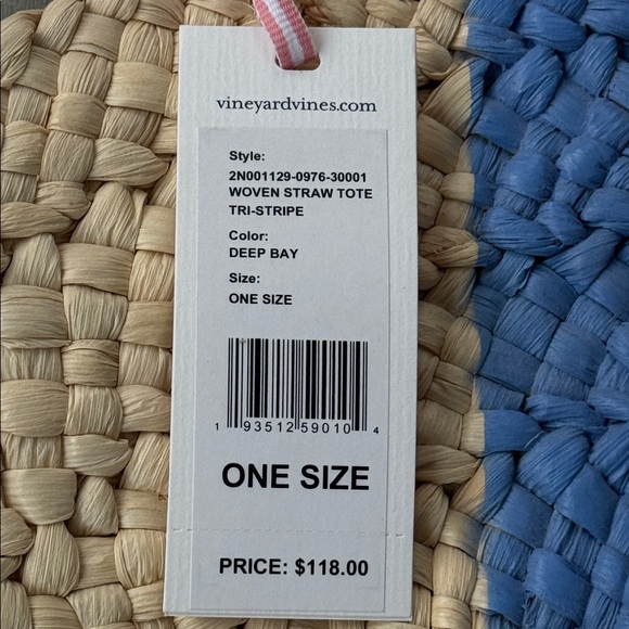 Vineyard Vines Woven Straw Round Tote Natural w/Deep Bay Sky Blue & White Stripe - Picture 2 of 8